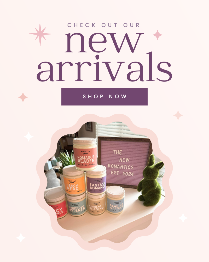 text "check out our new arrivals" button "shop now" on a pink background with stars, image of book themed candles with a sign that says "The New Romantics est. 2024"